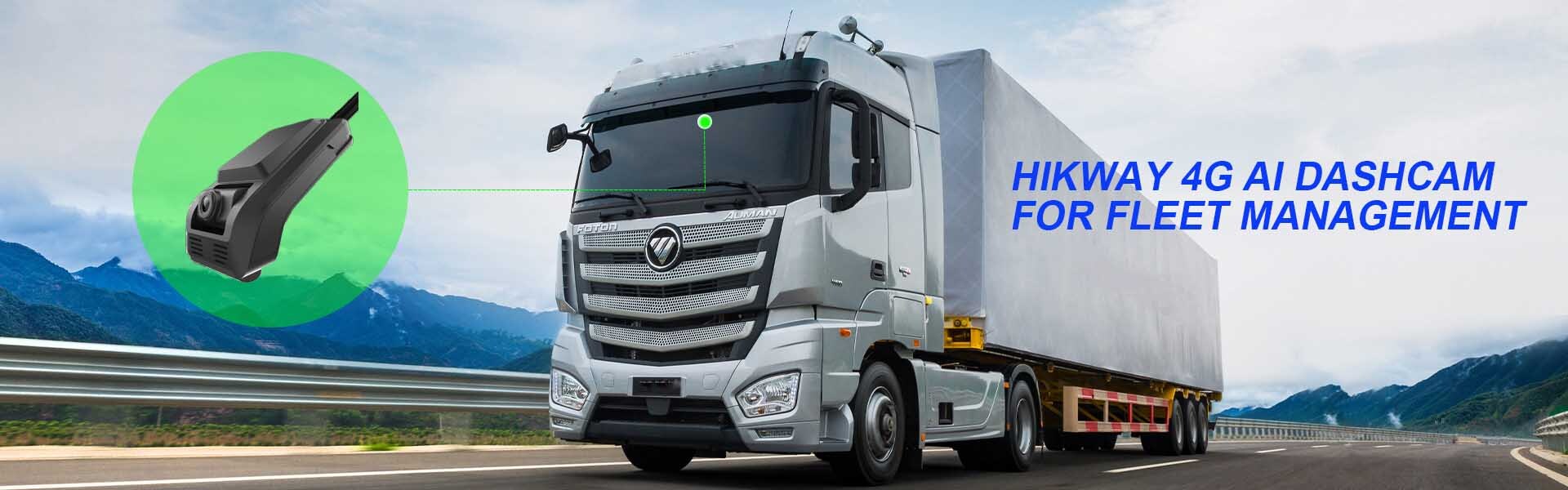 AI dashcam installed on truck windshield for real-time driver safety monitoring and remote fleet management Side-by-side comparison of AI dashcam and traditional dashcam for fleet safety, highlighting DMS, ADAS and remote monitoring